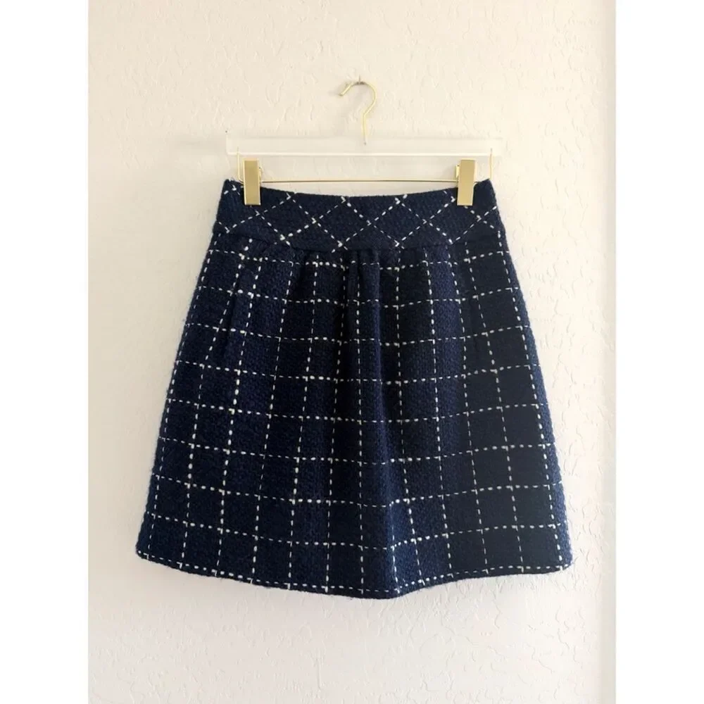 Maeve Anthropologie Wool Tweed Converging Bits Skirt Navy in Navy Blue Size 4